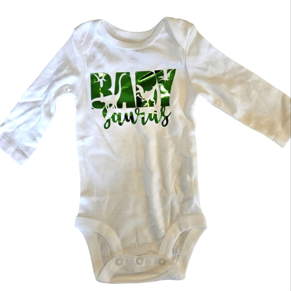 Handcrafted White Long-sleeved Baby Onesie, Dinosaur Onesie - Size 3 mo.
